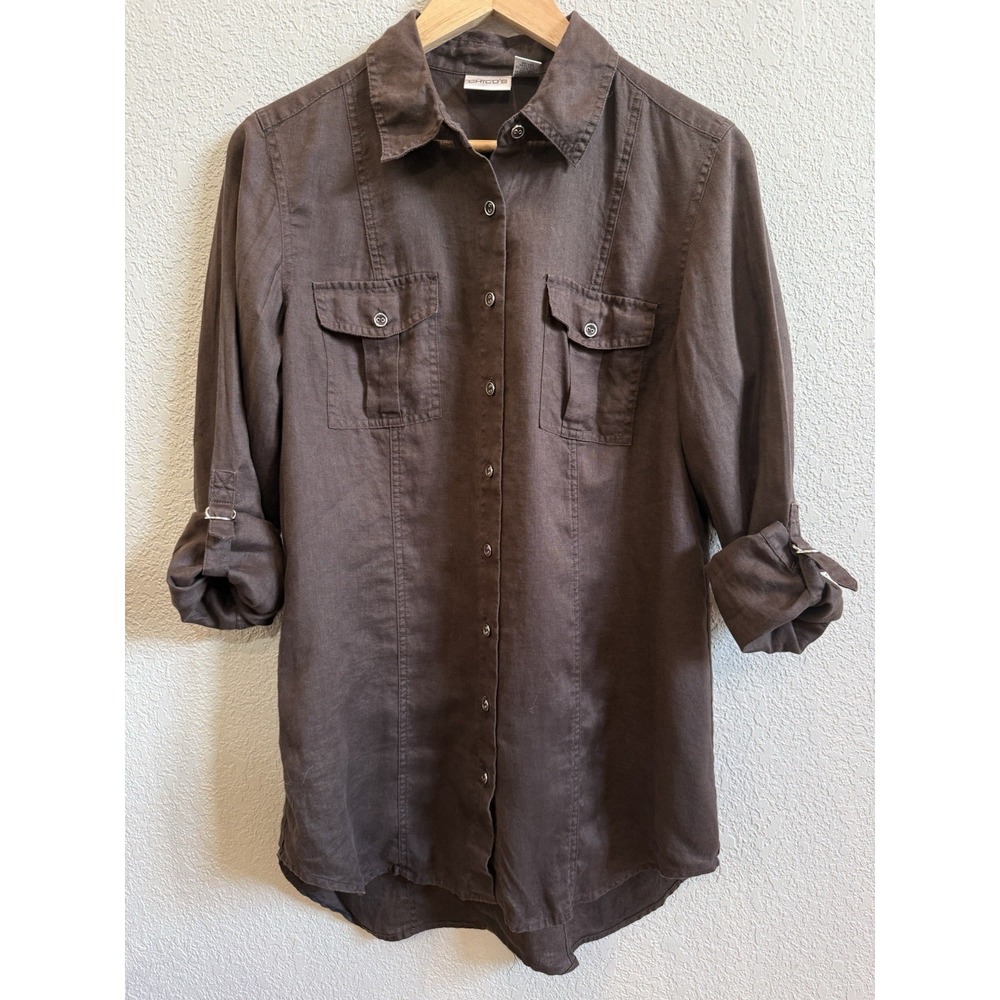 VTG Y2K 100% Linen Shirt Mini Dress Hi-Low Tunic Roll Tab Sleeve Chocolate Brown